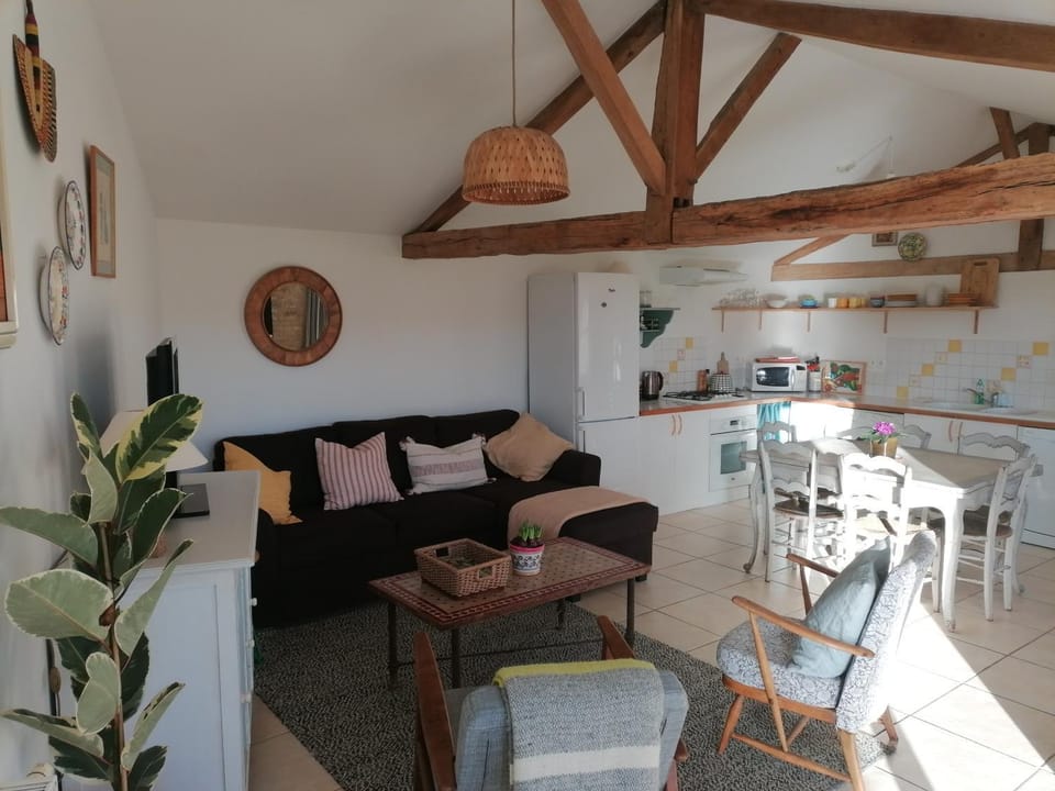 Kitchen or kitchenette, Living room, Seating area, Dining area