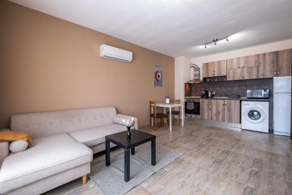 Kitchen or kitchenette, Living room, Seating area, Dining area, washing machine, air conditioner