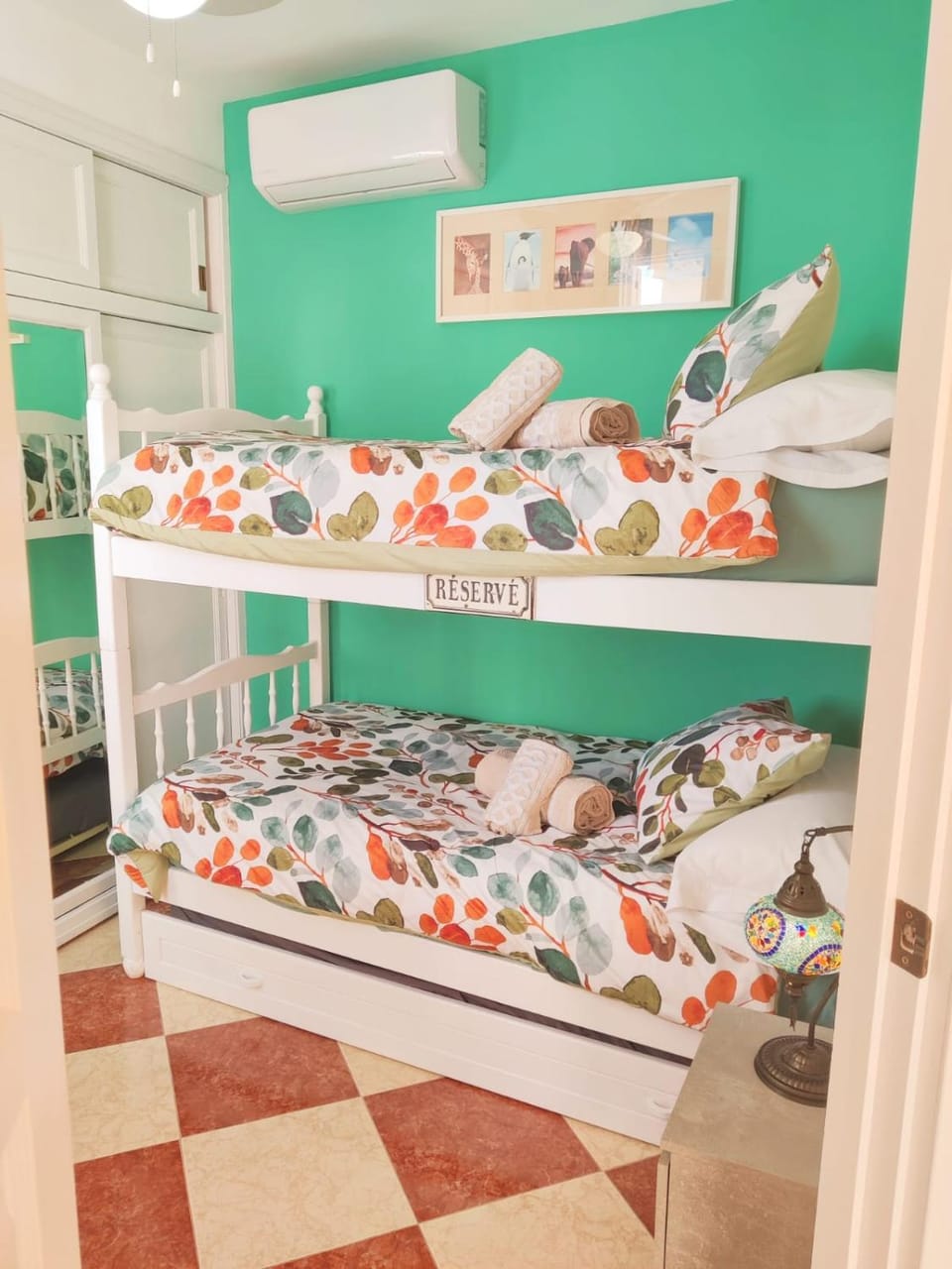 Bed, Photo of the whole room, Bedroom, bunk bed, wardrobe, air conditioner