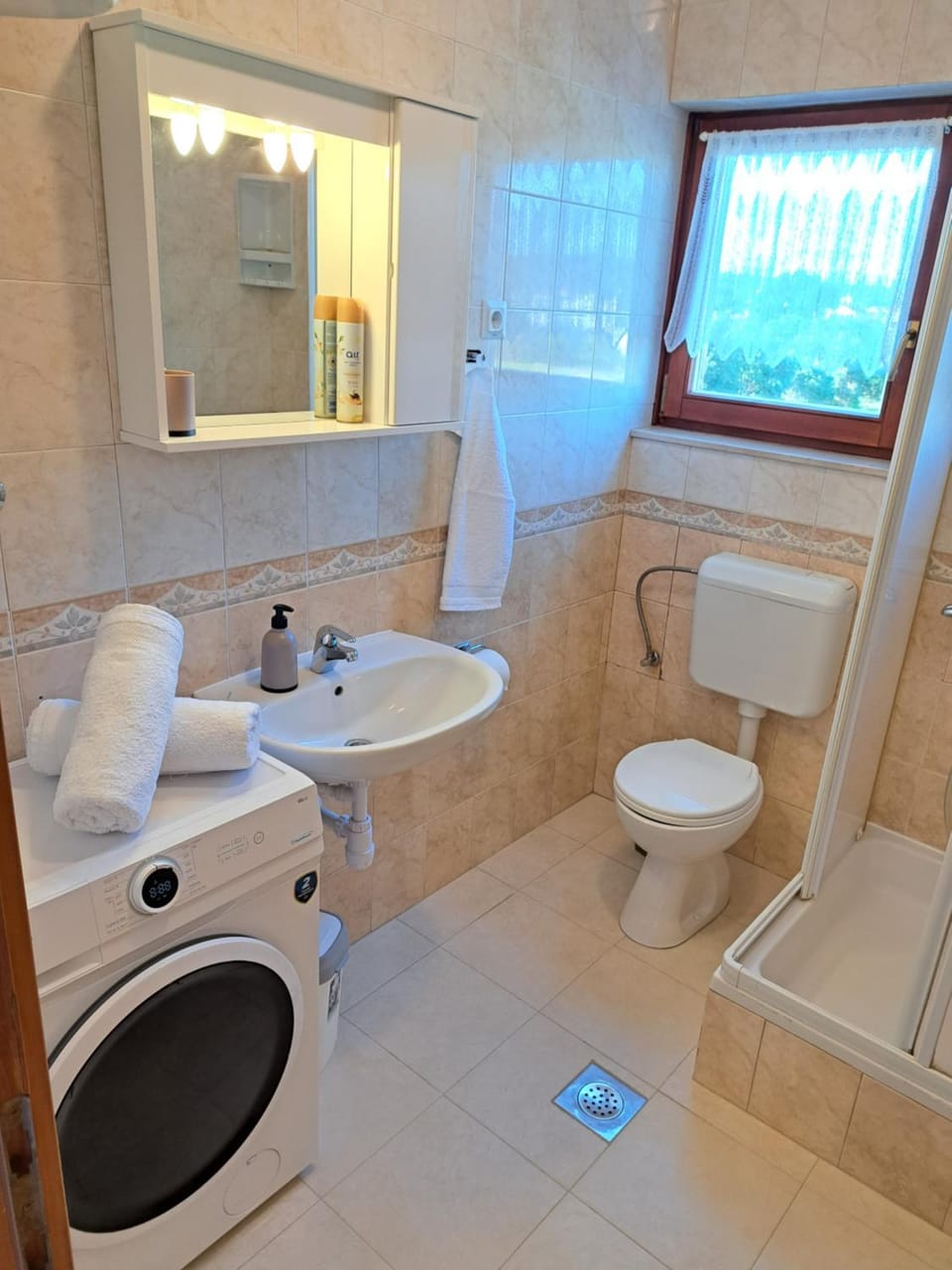 Shower, Toilet, Bathroom, towels, washing machine