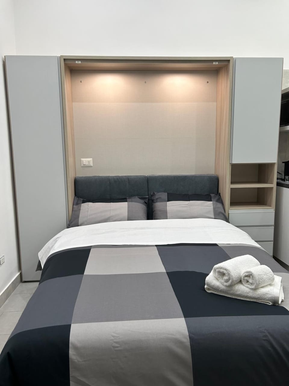 Bed, wardrobe