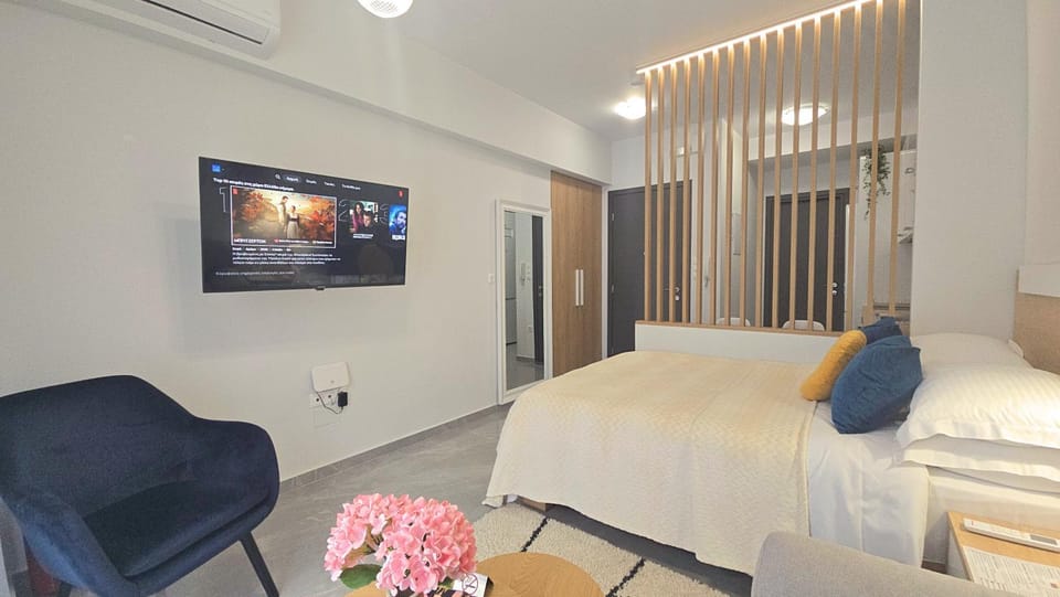 Bed, TV and multimedia, Living room, Photo of the whole room, Seating area, Bedroom, air conditioner