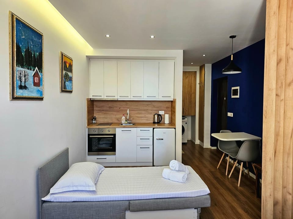 Bed, Kitchen or kitchenette, Photo of the whole room, Dining area, oven