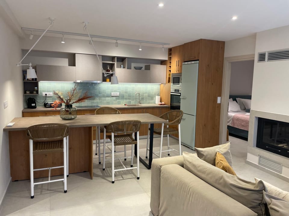 Kitchen or kitchenette, Living room, Dining area, fireplace, stove