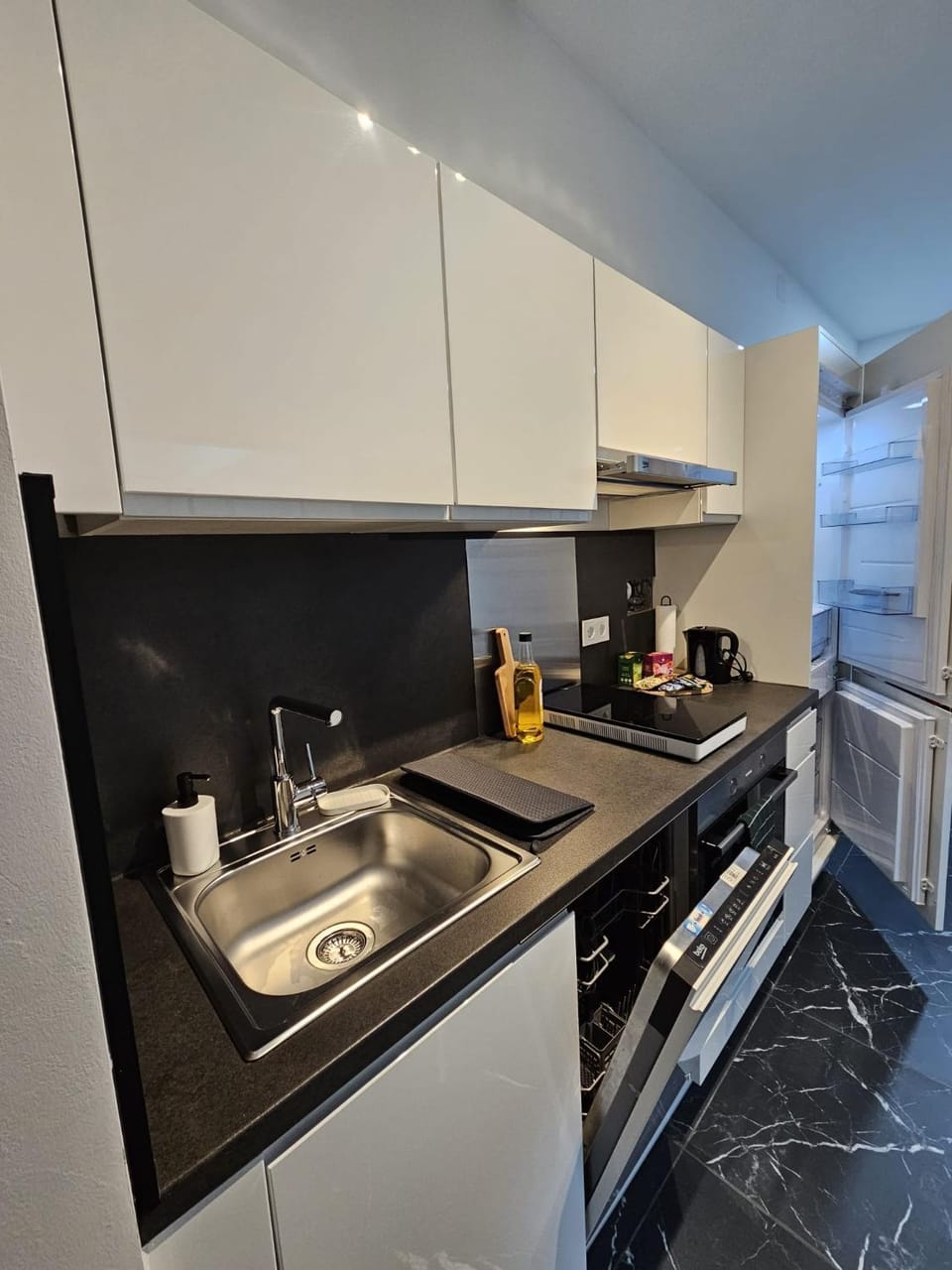 Kitchen or kitchenette, dishwasher, stove