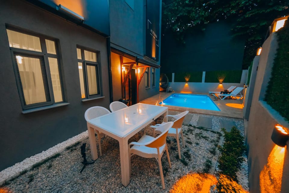 Night, Natural landscape, Pool view, Swimming pool, sunbed
