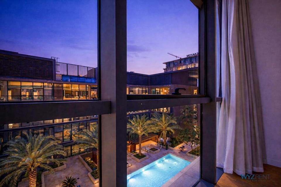 Property building, Night, Natural landscape, View (from property/room), Pool view, Swimming pool, sunbed
