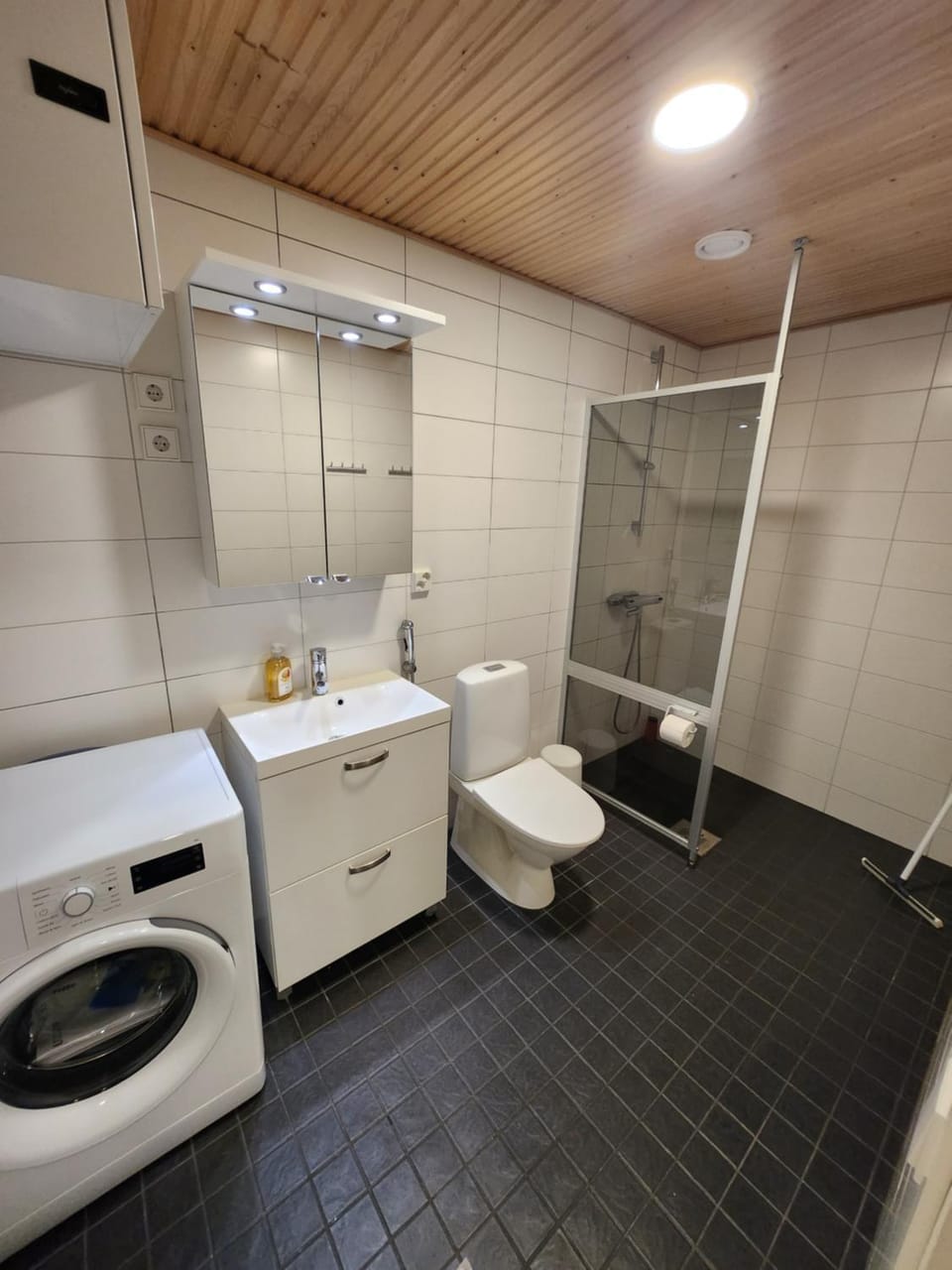 Shower, Toilet, Bathroom, bidet, towels, washing machine