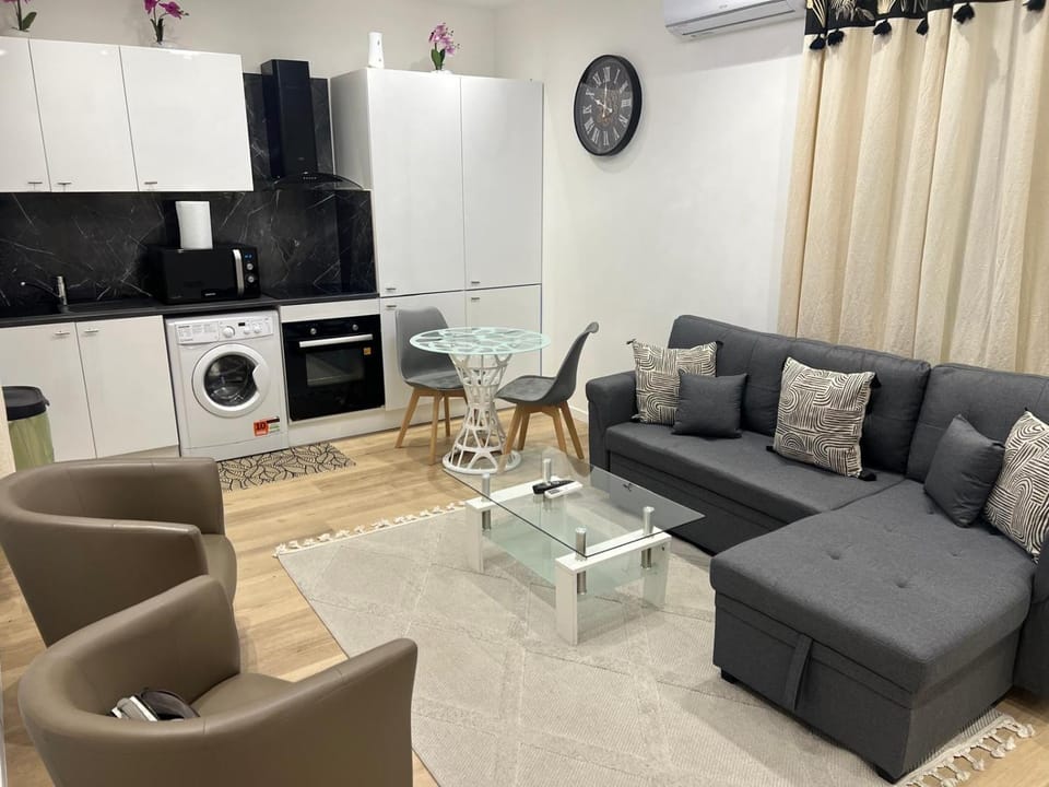 Living room, microwave, washing machine