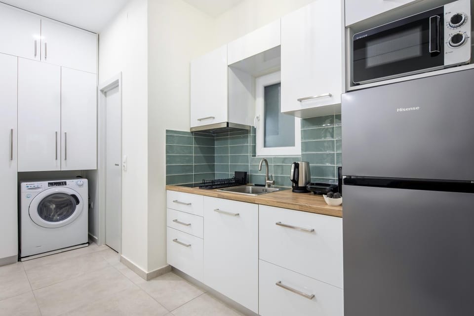 Kitchen or kitchenette, minibar, stove, washing machine, dryer