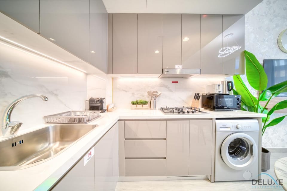 Kitchen or kitchenette, minibar, stove, washing machine