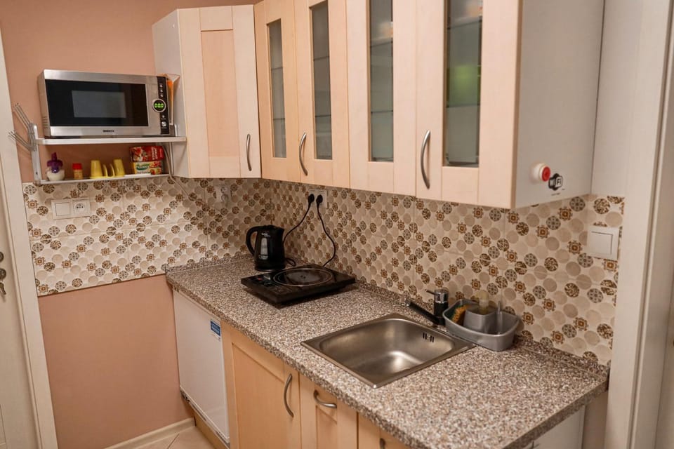 Kitchen or kitchenette, microwave, stove