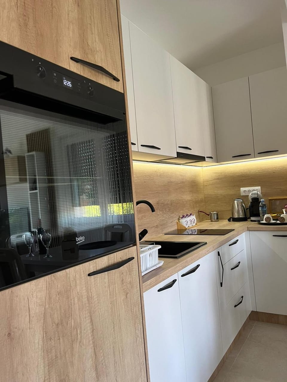 Kitchen or kitchenette, stove