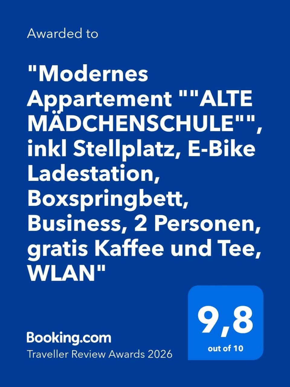 Modernes Appartement "ALTE MÄDCHENSCHULE", inkl Stellplatz, E-Bike Ladestation, Boxspringbett, Business, 2 Personen, gratis Kaffee und Tee, WLAN Apartment in Saxony