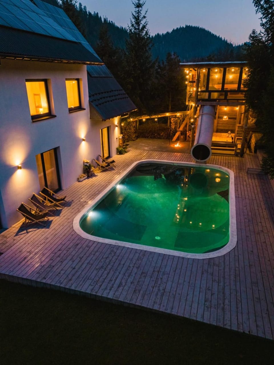 Property building, Night, Balcony/Terrace, Pool view, Swimming pool, Swimming pool, sunbed