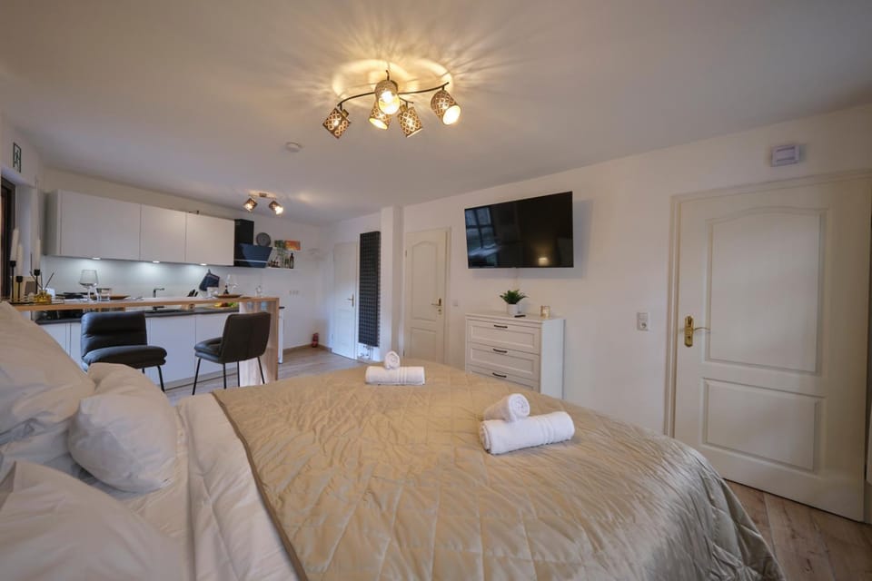 Bed, TV and multimedia, Kitchen or kitchenette, Photo of the whole room, Seating area, Dining area, Bedroom, towels