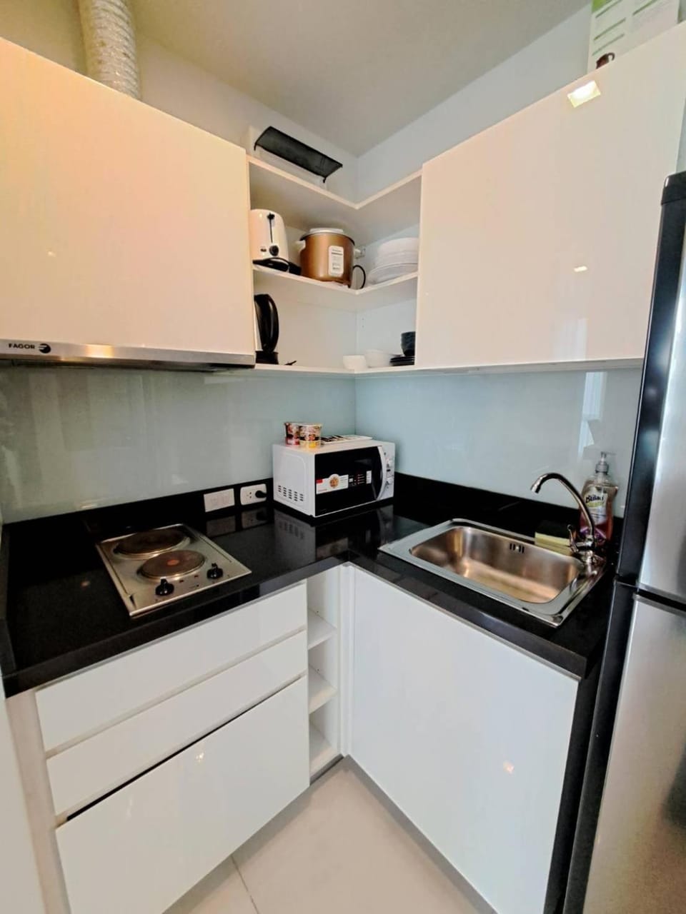 Kitchen or kitchenette, stove