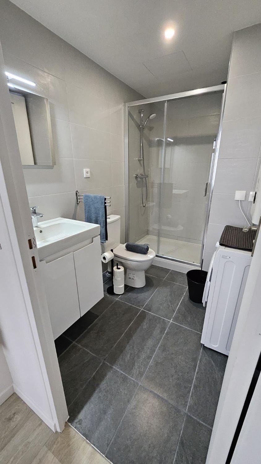 Shower, Toilet, Bathroom, Bath, heating, towels, washing machine
