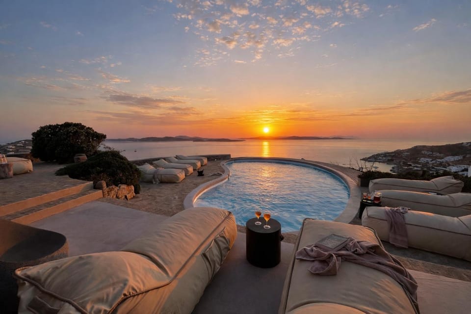Pool view, Sea view, Swimming pool, Sunset, sunbed