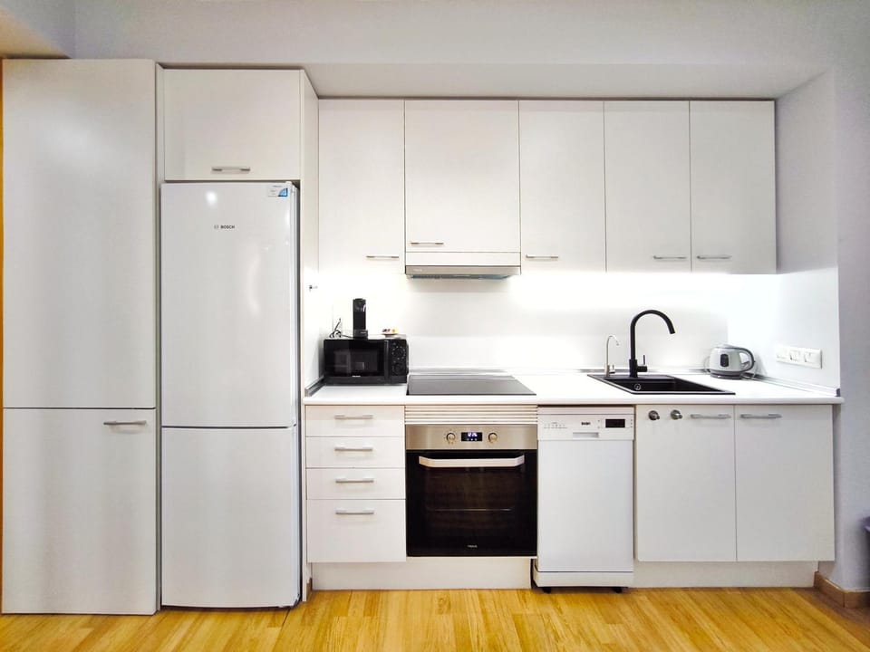 Kitchen or kitchenette, dishwasher, oven, stove