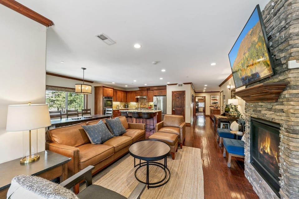Day, TV and multimedia, Kitchen or kitchenette, Living room, Seating area, Dining area, fireplace, furniture
