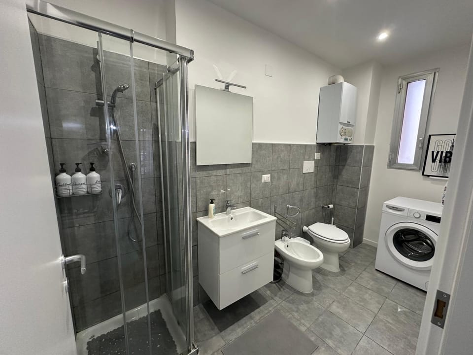 Shower, Toilet, Bathroom, bidet, towels, washing machine