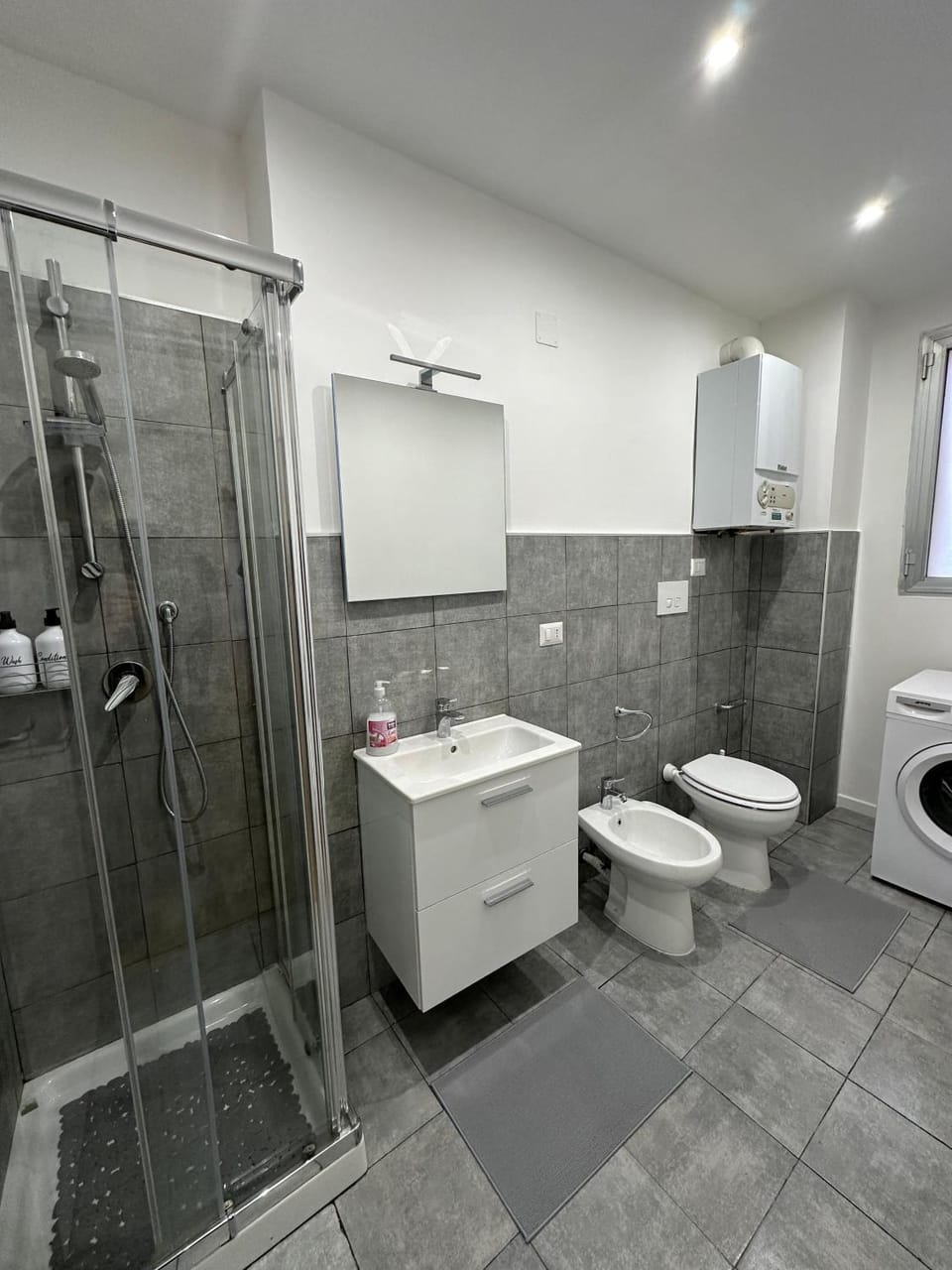 Shower, Toilet, Bathroom, bidet, towels, washing machine