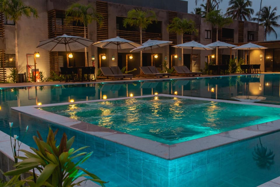 Night, Pool view, Swimming pool, sunbed