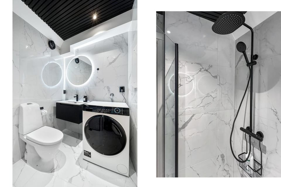 Shower, Toilet, Bathroom, towels, washing machine, dryer