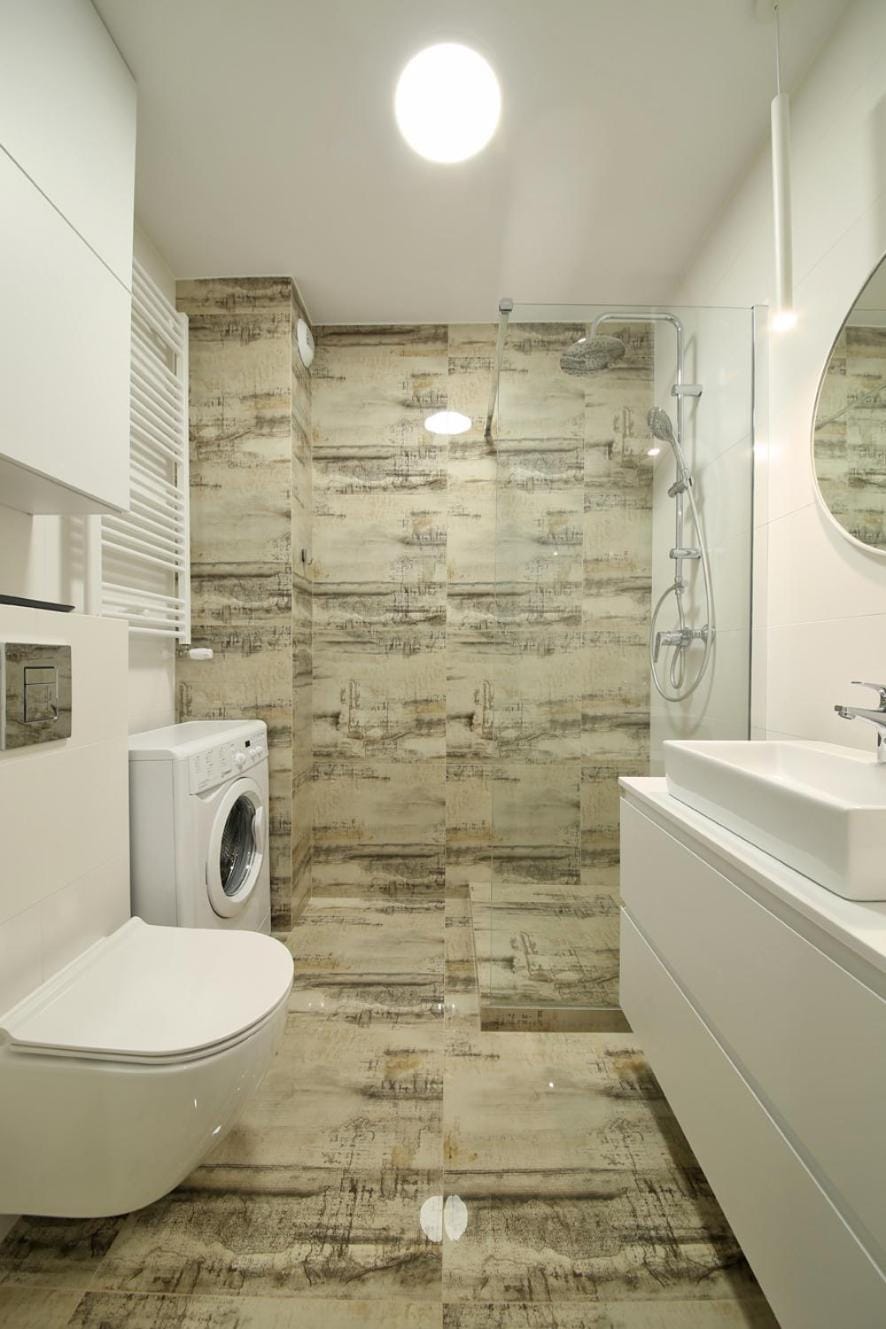 Shower, Toilet, Bathroom, towels, washing machine, dryer