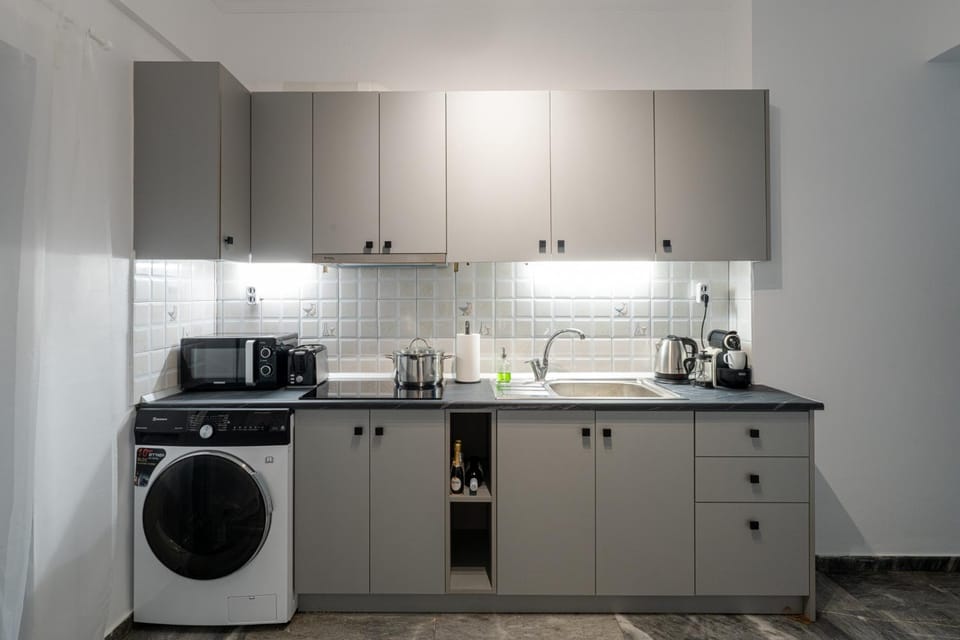 Kitchen or kitchenette, stove, toaster, washing machine, dryer