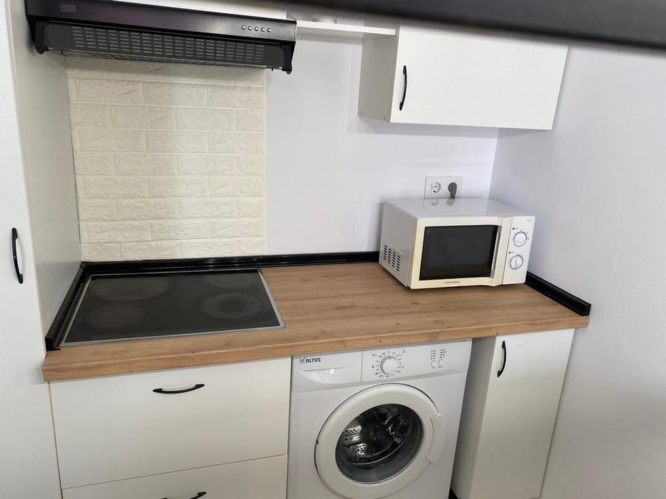 Kitchen or kitchenette, minibar, stove, washing machine