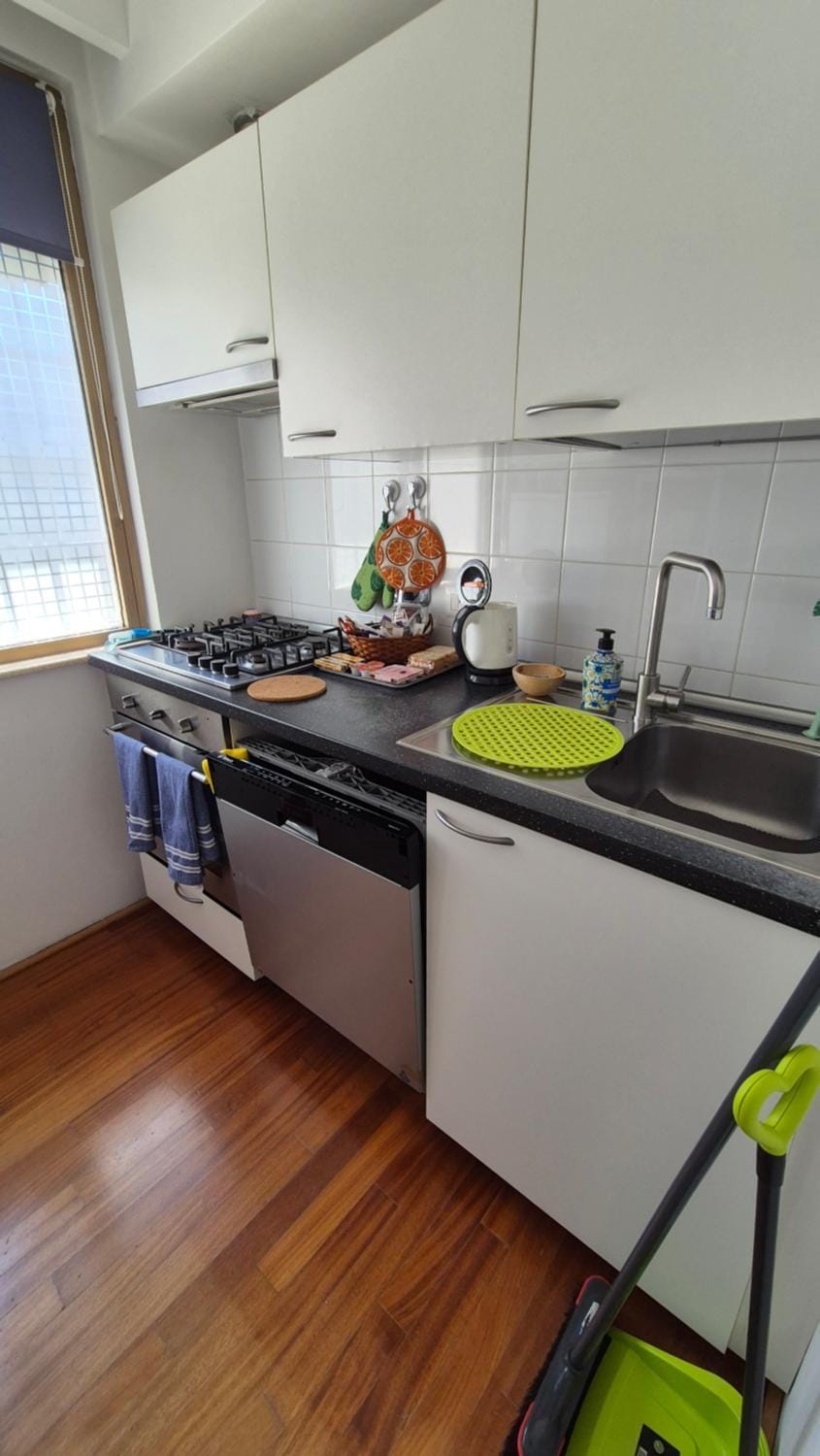 Kitchen or kitchenette, dishwasher, stove