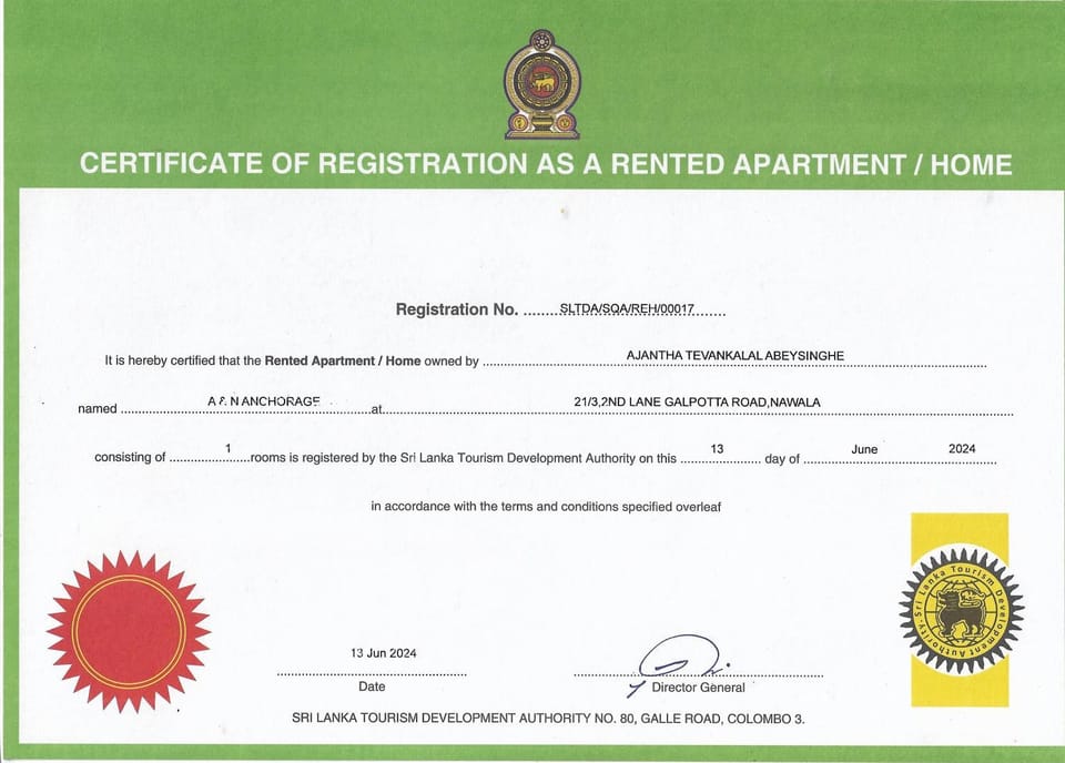 A & N Anchorage Rented Home 60 sq m Approved by Sri Lanka Tourism Development Authority Apartment in Colombo