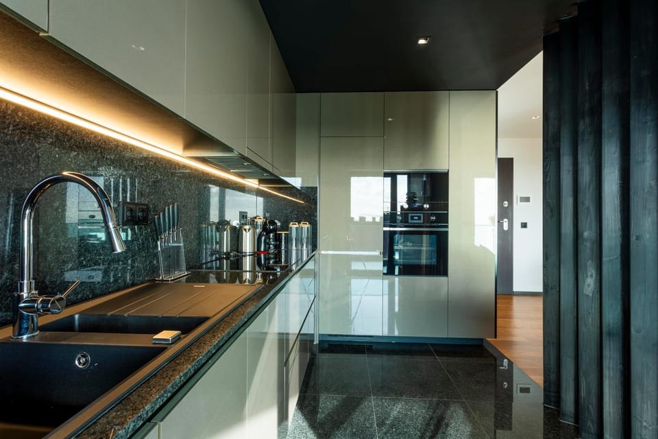 Kitchen or kitchenette, dishwasher, oven, stove