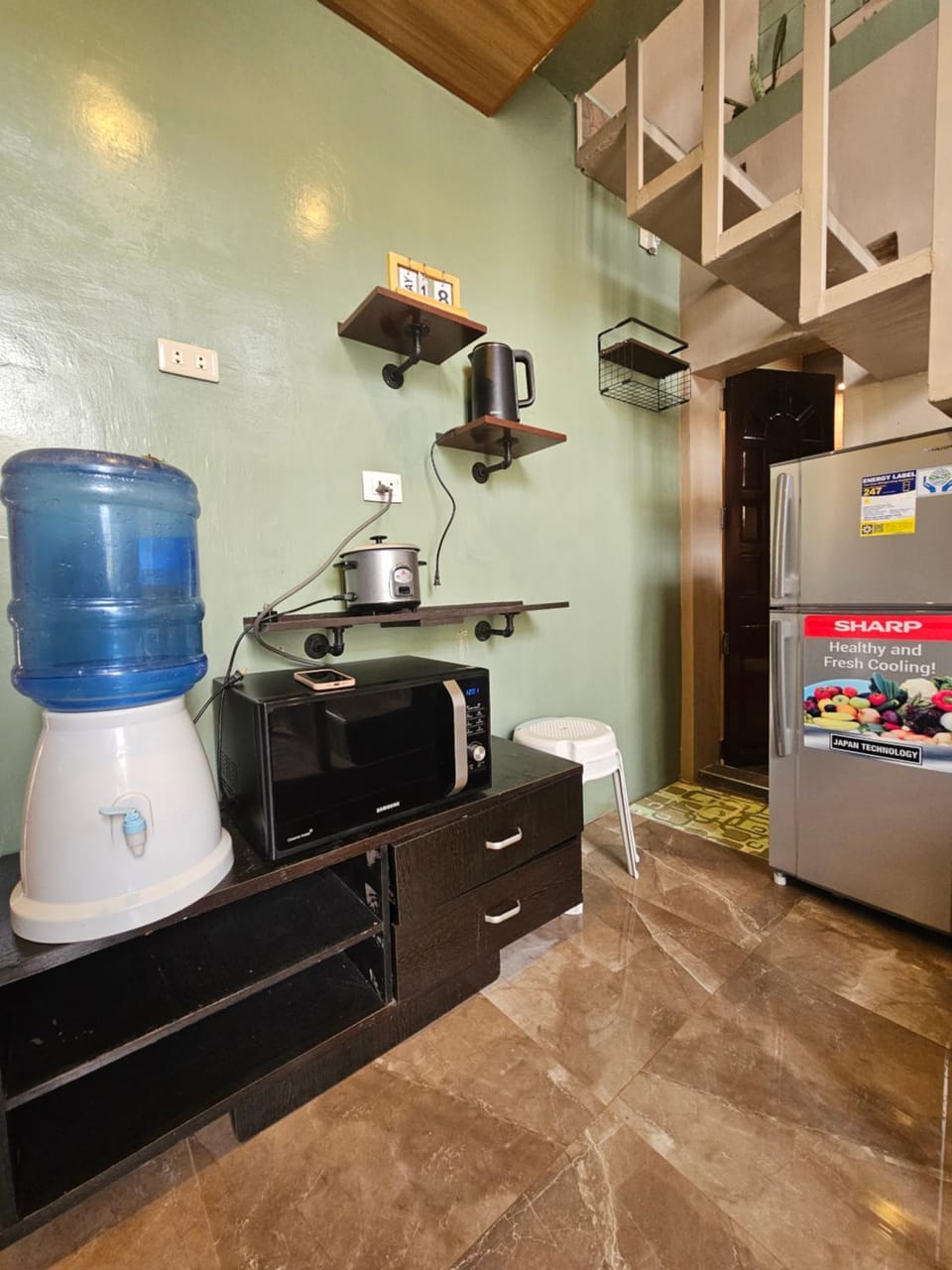Kitchen or kitchenette, microwave
