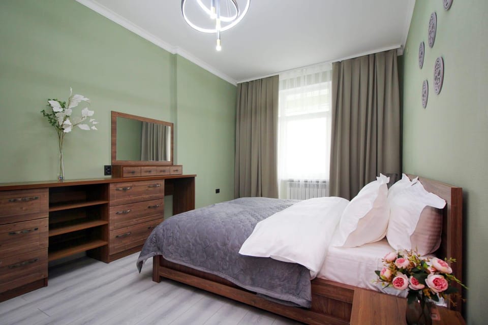 Bed, wardrobe