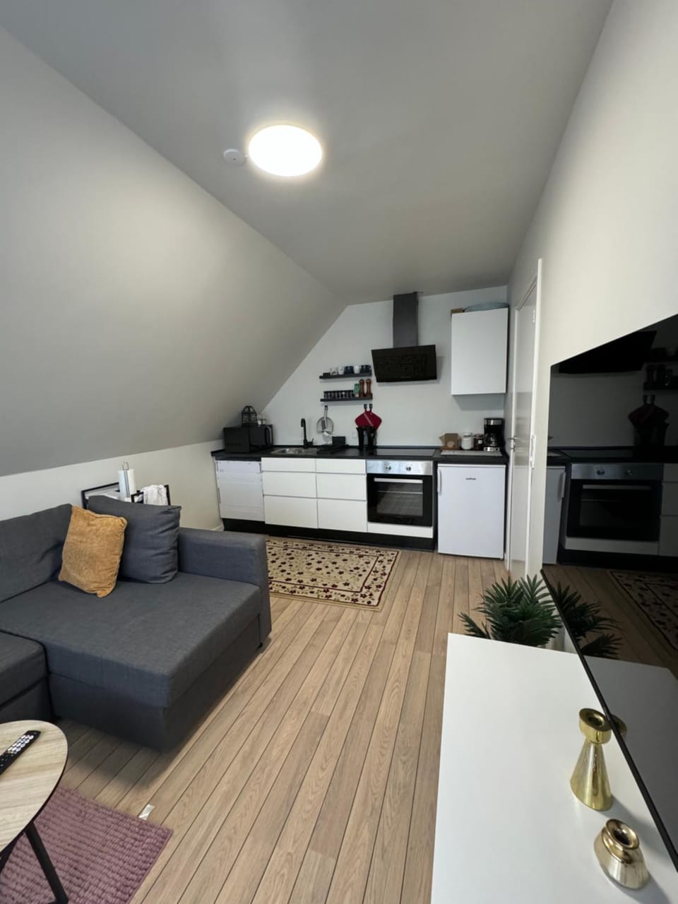Kitchen or kitchenette, Living room, Dining area, dishwasher, stove