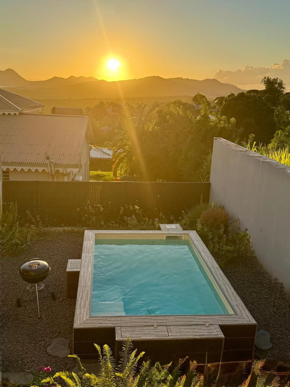 Natural landscape, Mountain view, Pool view, Swimming pool, Sunset, sunbed