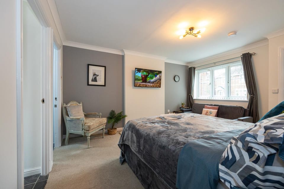 Bed, TV and multimedia, Living room, Seating area, Bedroom