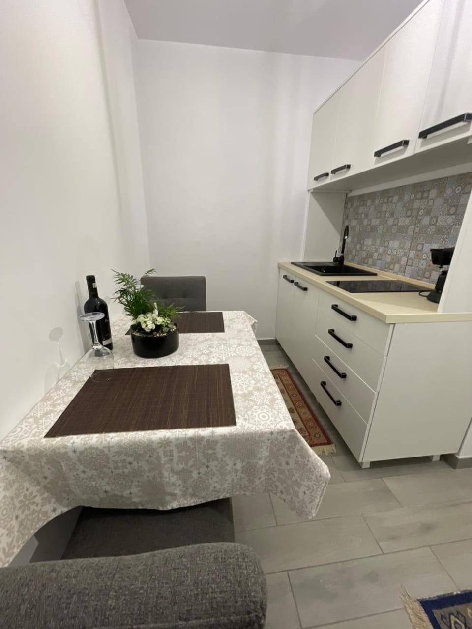 Kitchen or kitchenette, stove