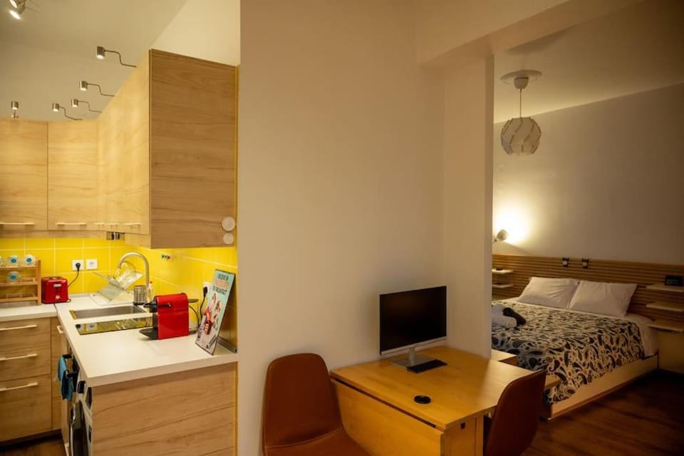 Bed, Kitchen or kitchenette, Living room, Photo of the whole room, Seating area