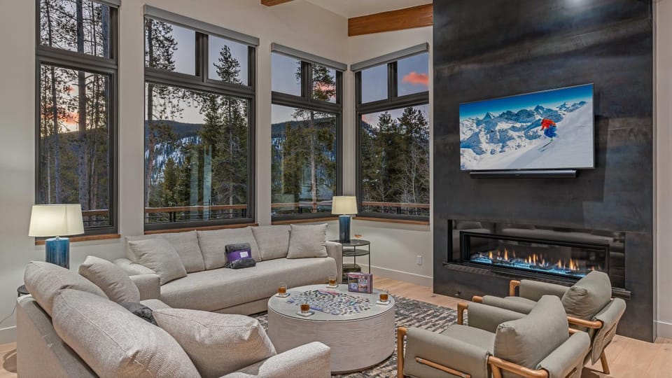 View (from property/room), Living room, Seating area, fireplace, furniture
