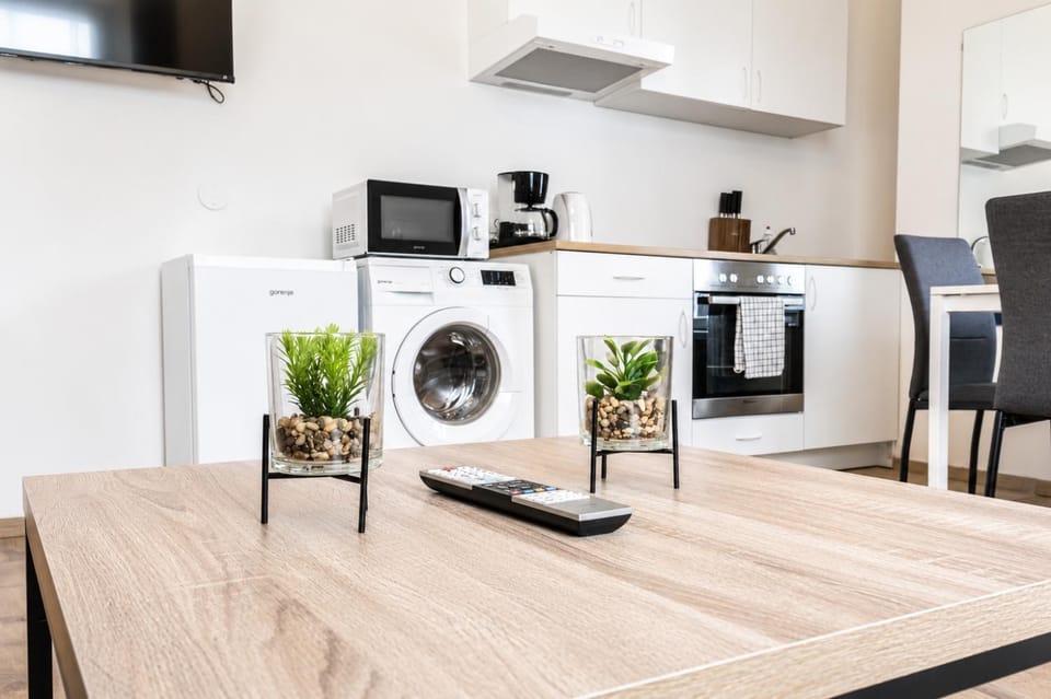 Kitchen or kitchenette, oven, stove, washing machine