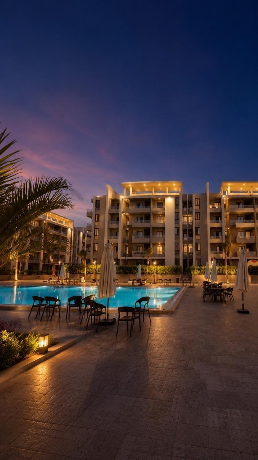Night, Pool view, Swimming pool, sunbed