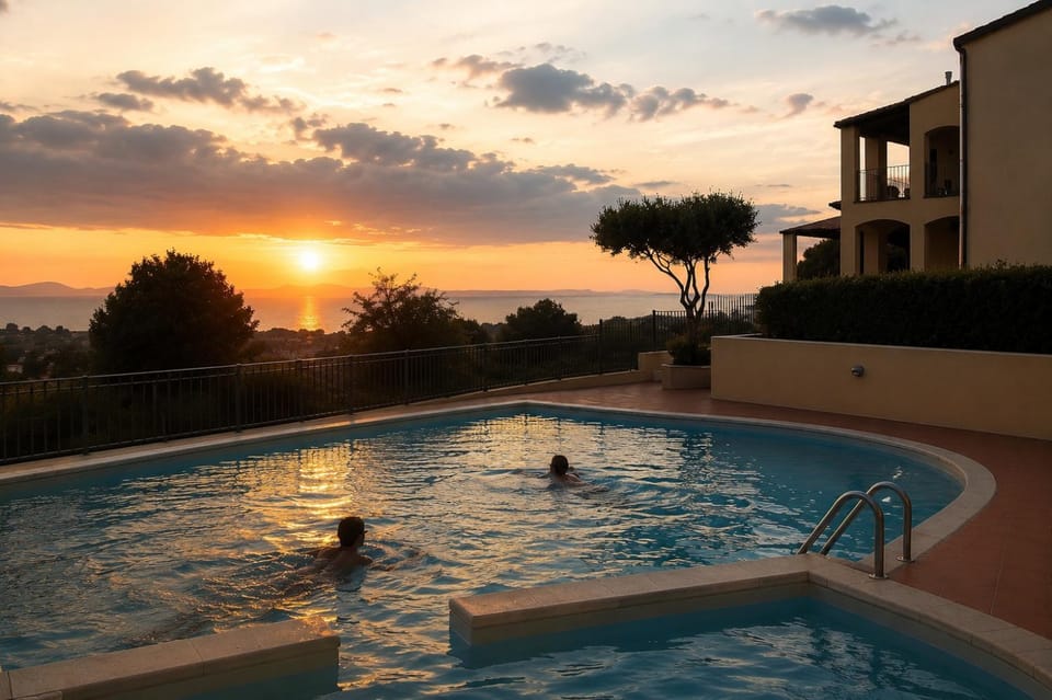 People, Pool view, Swimming pool, Sunset