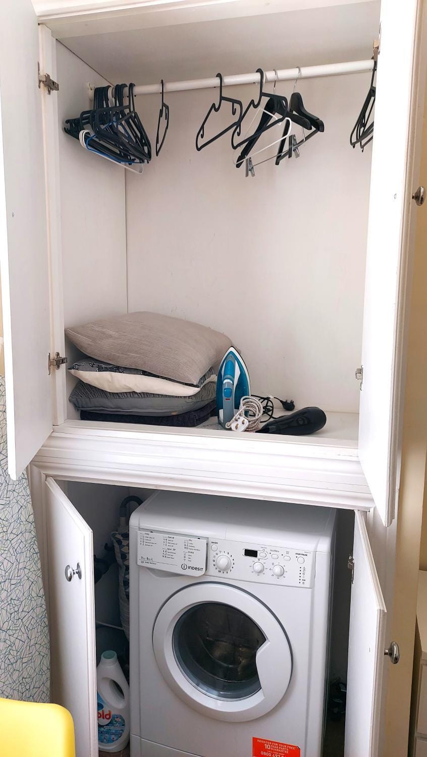 Bedroom, furniture, heating, wardrobe, washing machine, dryer