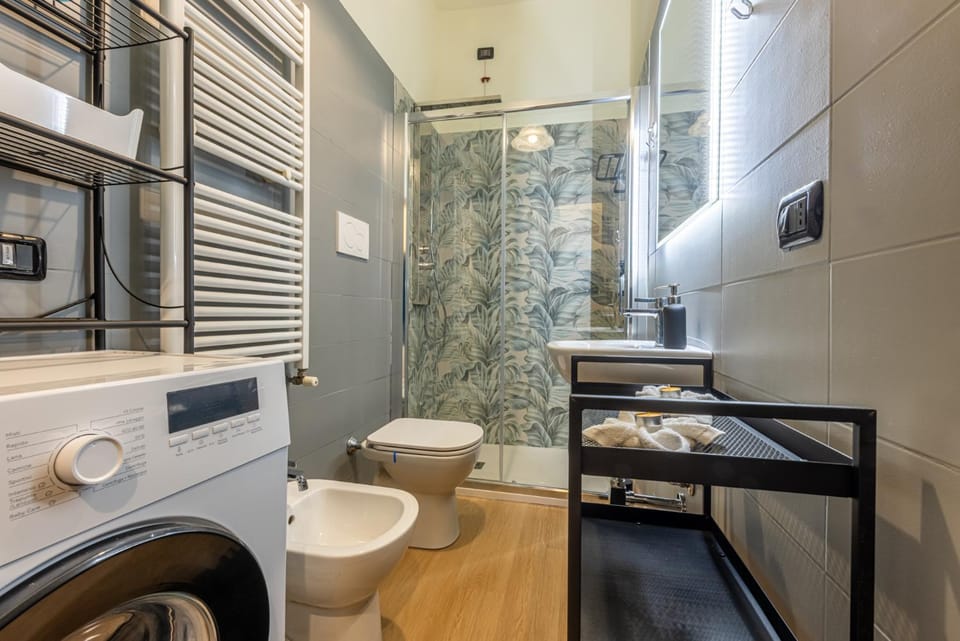 Shower, Toilet, Bathroom, bidet, towels, laundry, washing machine
