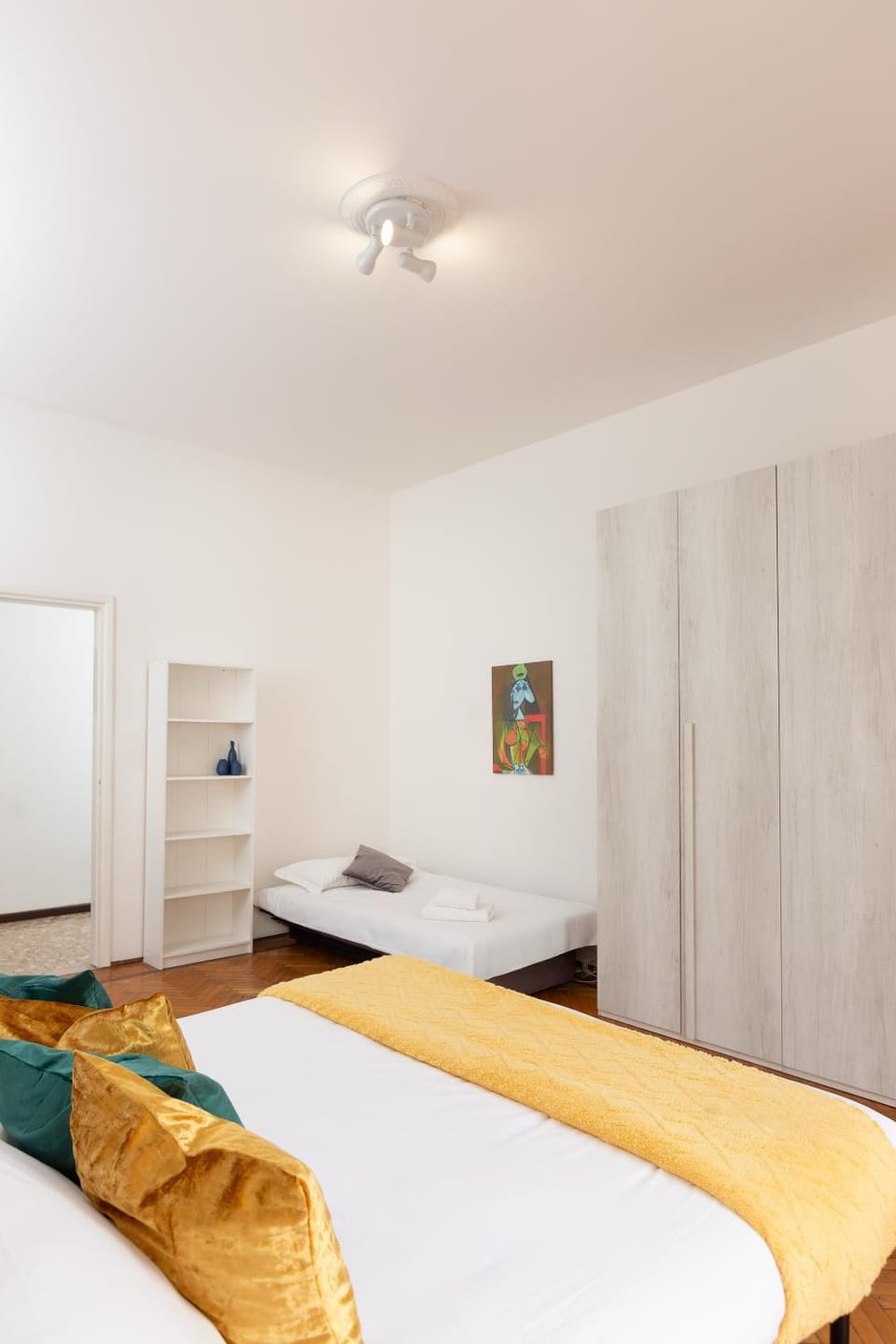 Bed, wardrobe
