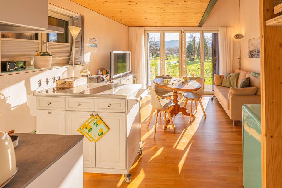 Kitchen or kitchenette, Living room, Seating area, Dining area